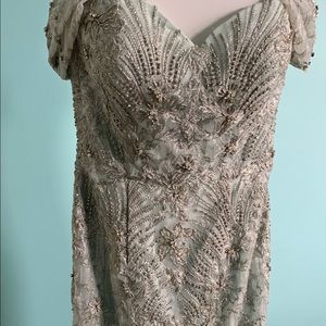 Mother of the Bride gown. Silver beading over mint underlay